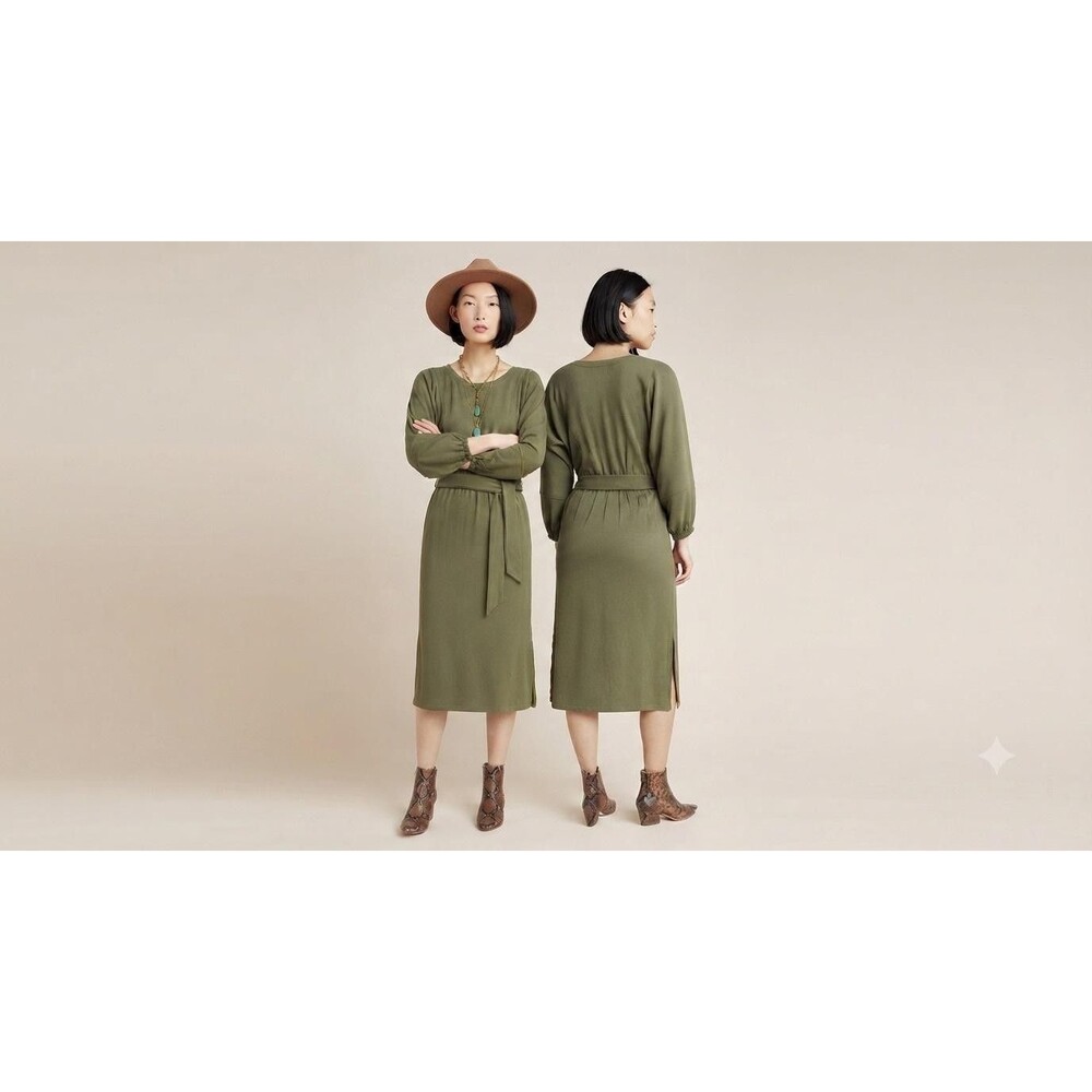 Anthropologie Dress Womens M Green Belted Knit Long Sleeve Sweater Midi Workwear